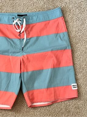 Brixton Coral and Teal Wide Stripe Swim Shorts